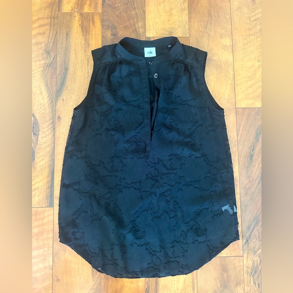 Cabi Black Clip Art Sleeveless Sheer Floral Blouse Tank Womens xsmall